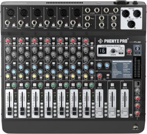 Professional 8-Channel Audio Mixer, Phenyx Pro DJ Sound Mixer Board w/Flexible AUX, BUS, SUB Routing, 16 DSP, BT Streaming & USB-B PC Recording, Mixing Console for Stage, Home Studio (PTL-800)