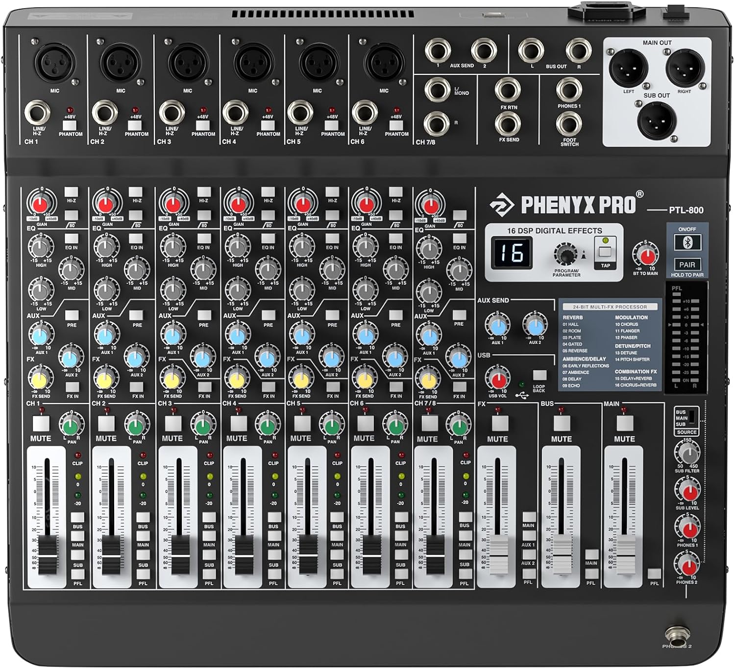 Professional 8-Channel Audio Mixer, Phenyx Pro DJ Sound Mixer Board w/Flexible AUX, BUS, SUB Routing, 16 DSP, BT Streaming & USB-B PC Recording, Mixing Console for Stage, Home Studio (PTL-800)
