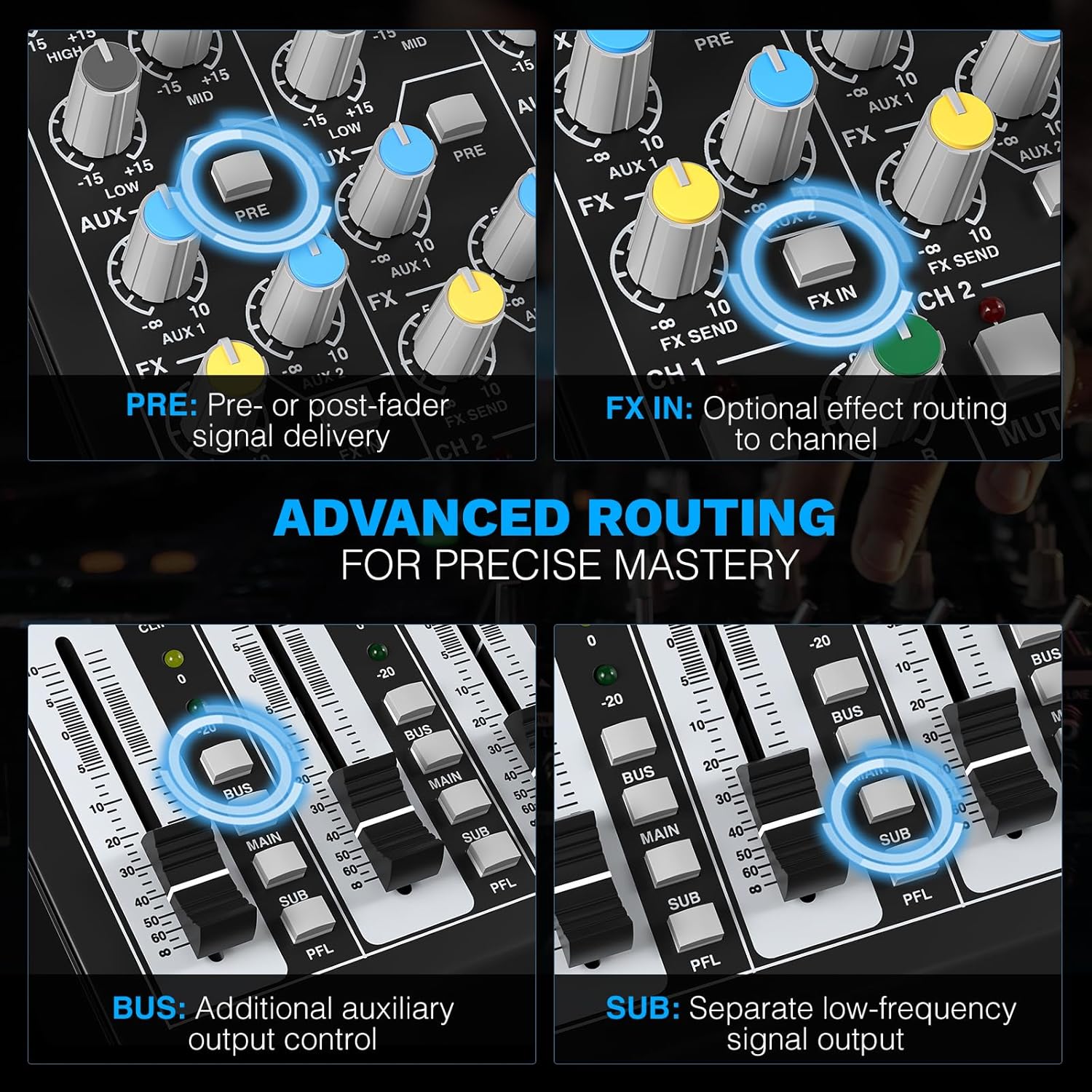 Professional 8-Channel Audio Mixer, Phenyx Pro DJ Sound Mixer Board w/Flexible AUX, BUS, SUB Routing, 16 DSP, BT Streaming & USB-B PC Recording, Mixing Console for Stage, Home Studio (PTL-800) - Image 3