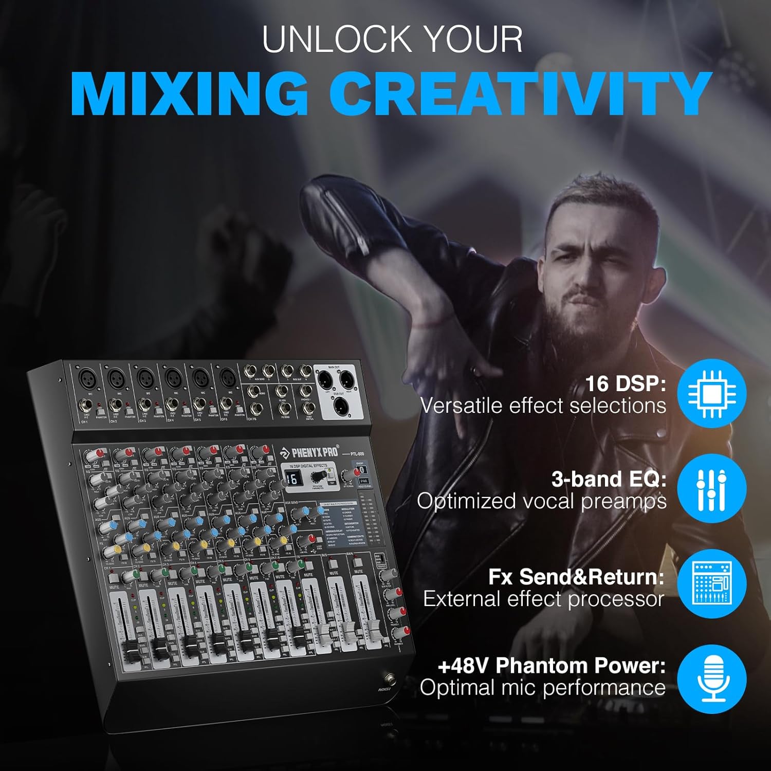 Professional 8-Channel Audio Mixer, Phenyx Pro DJ Sound Mixer Board w/Flexible AUX, BUS, SUB Routing, 16 DSP, BT Streaming & USB-B PC Recording, Mixing Console for Stage, Home Studio (PTL-800) - Image 4