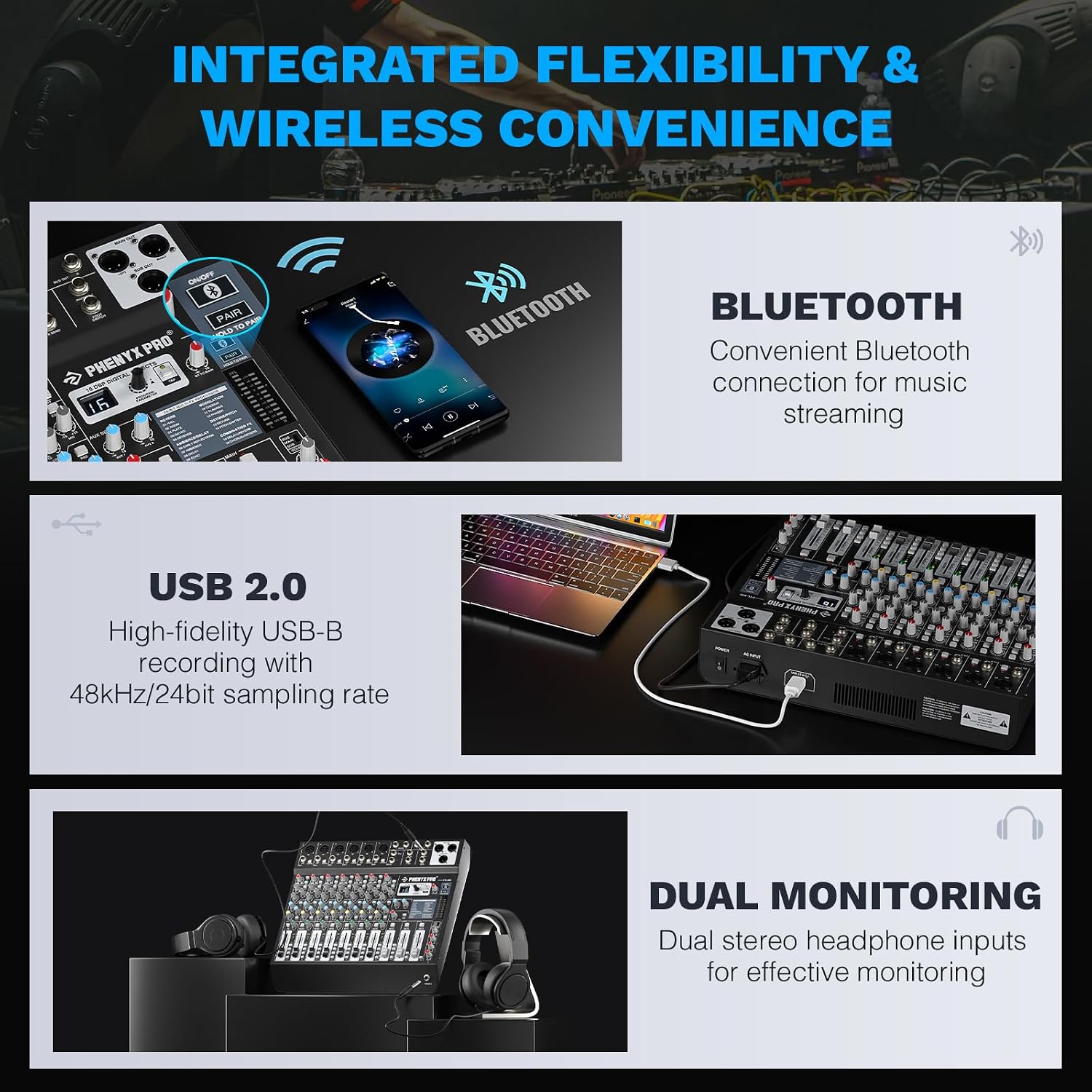 Professional 8-Channel Audio Mixer, Phenyx Pro DJ Sound Mixer Board w/Flexible AUX, BUS, SUB Routing, 16 DSP, BT Streaming & USB-B PC Recording, Mixing Console for Stage, Home Studio (PTL-800) - Image 5