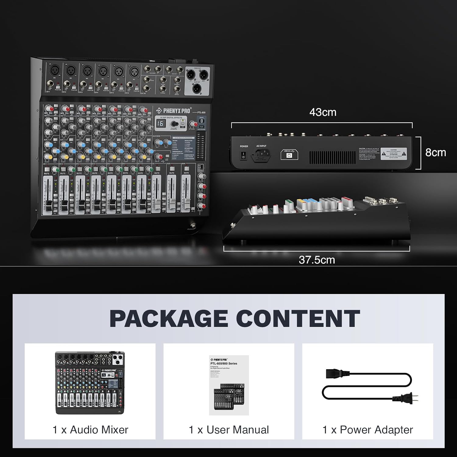 Professional 8-Channel Audio Mixer, Phenyx Pro DJ Sound Mixer Board w/Flexible AUX, BUS, SUB Routing, 16 DSP, BT Streaming & USB-B PC Recording, Mixing Console for Stage, Home Studio (PTL-800) - Image 6
